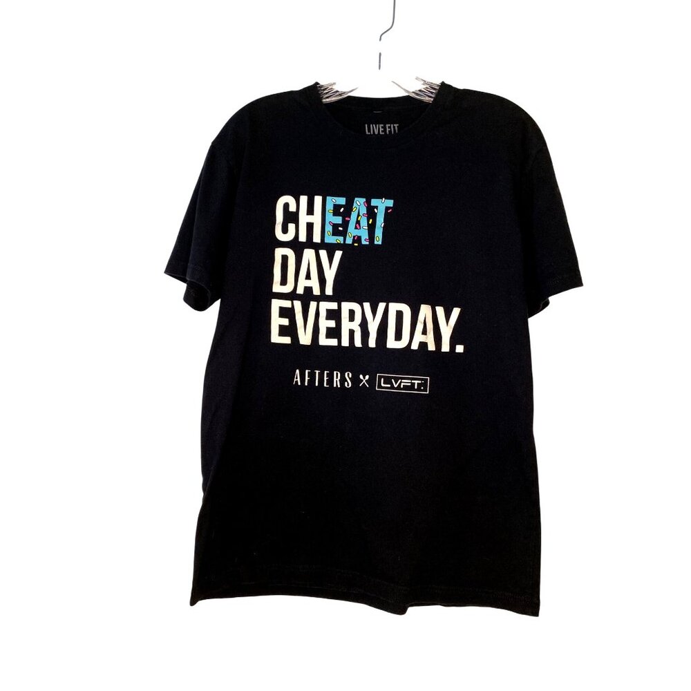 Live Fit "Cheat Day Everyday" Black T-Shirt Medium 100% Cotton USA